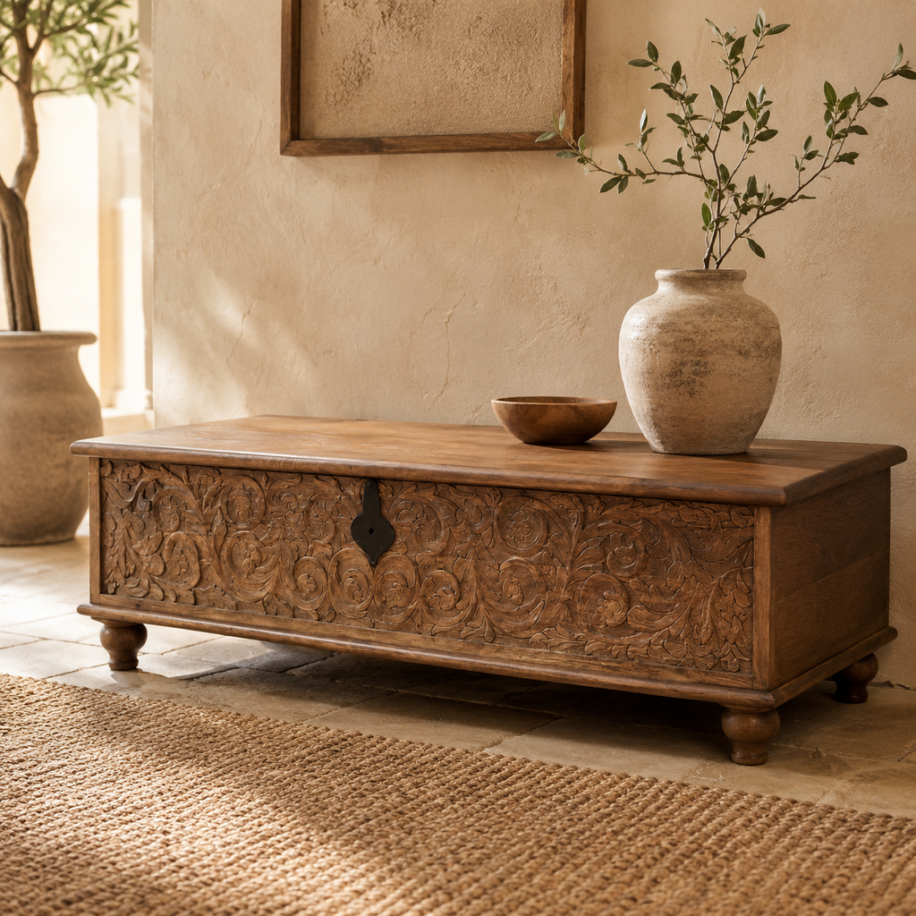 Hand-carved mango wood storage trunk styled with stone vase and olive branches, angled lifestyle view