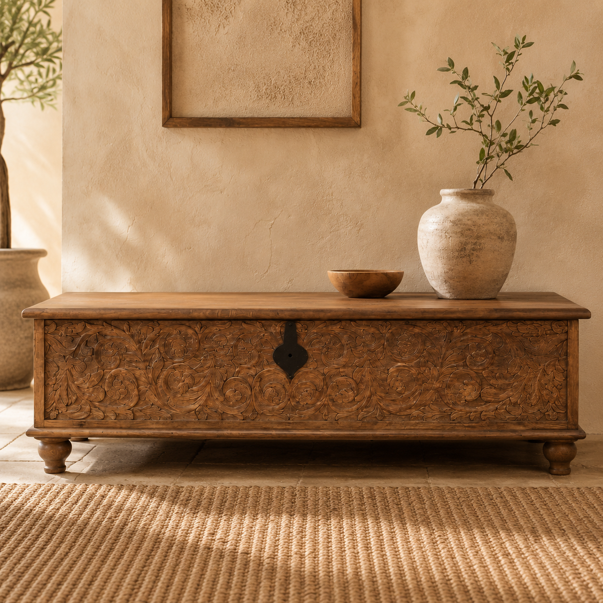 Hand-carved mango wood storage trunk front lifestyle view with ceramic vase and wooden bowl