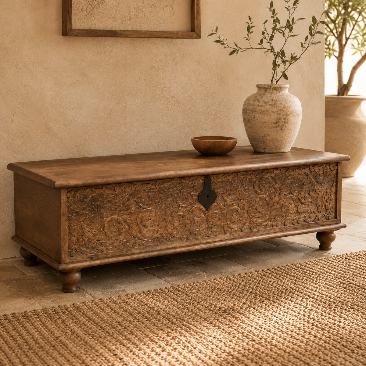 Hand-carved mango wood storage trunk side angle on jute rug