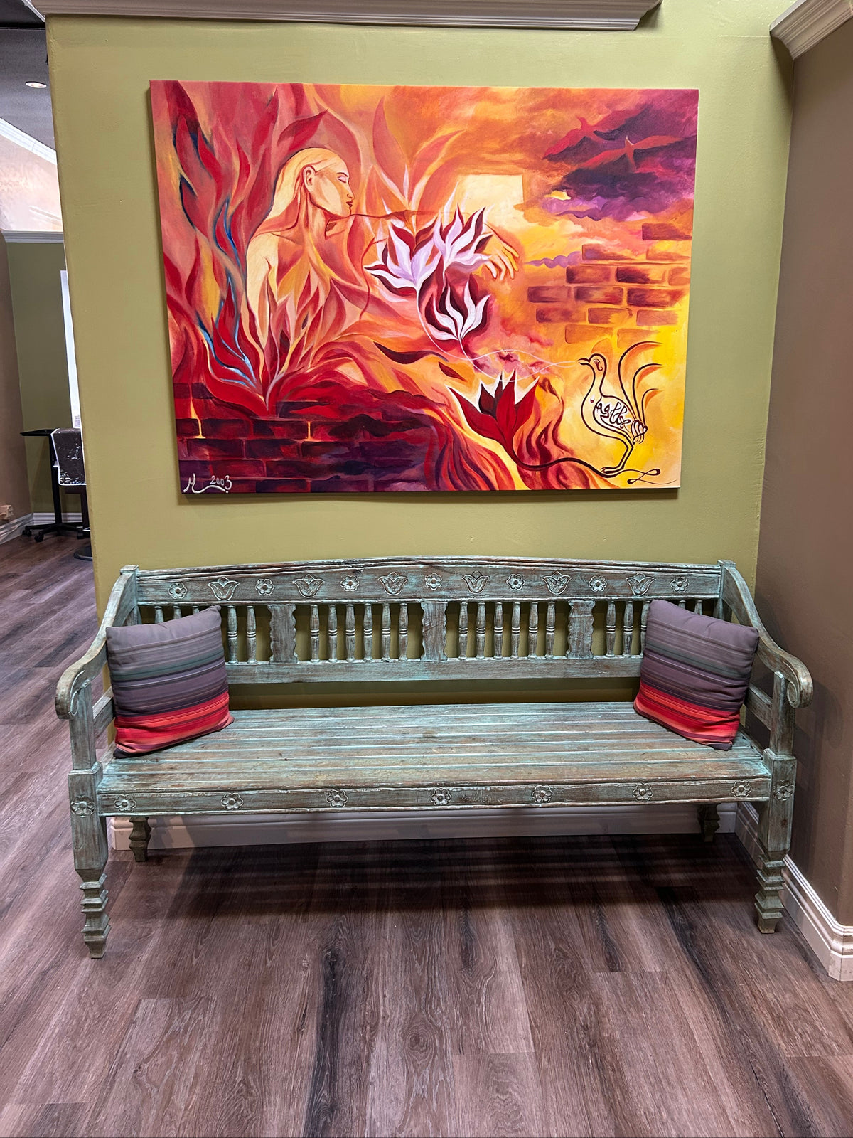 Hand-Painted Carved Mango Wood Bench