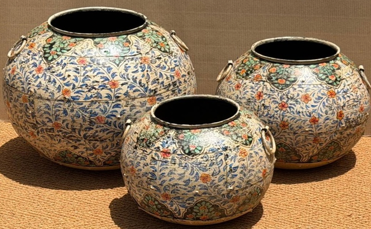 Hand-Painted Rajasthani Metal Pot Set of 3 – White Scrolling Blue Vine & Floral All-Over