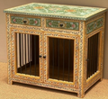 Hand-Carved & Painted Rajasthani Mango Wood Dog Kennel & Side Table – Ivory Acanthus & Celadon Bird Top