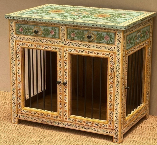 Hand-Carved & Painted Rajasthani Mango Wood Dog Kennel & Side Table – Ivory Acanthus & Celadon Bird Top