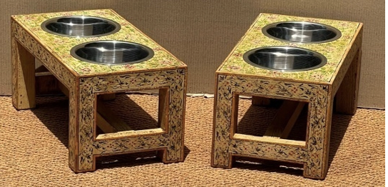 Hand-Painted Rajasthani Mango Wood Elevated Dog Bowl Stand – Butter Yellow All-Over Floral