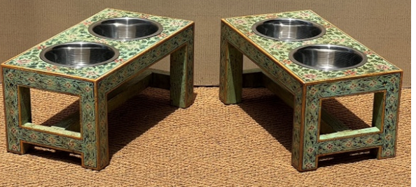 Hand-Painted Rajasthani Mango Wood Elevated Dog Bowl Stand – Sage Green All-Over Floral