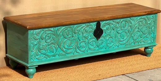 Original hand-carved turquoise mango wood storage trunk