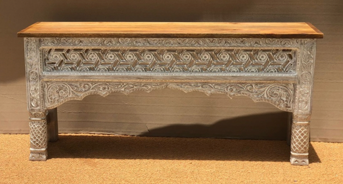 Original hand-carved whitewash fretwork console table