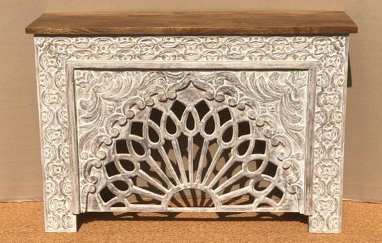 Original hand-carved whitewash sunburst cabinet
