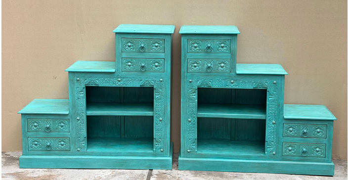 Original hand-carved turquoise stepped bookcase display unit