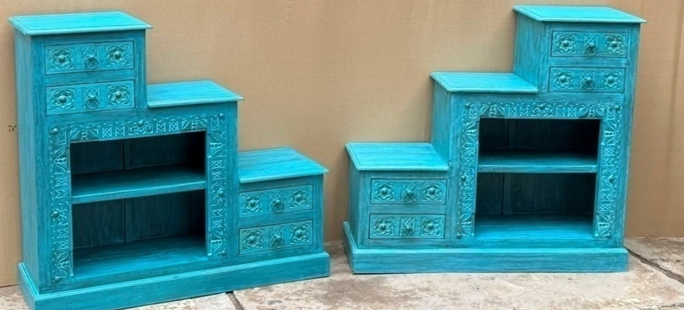 Original hand-carved turquoise stepped bookcase 3-piece set