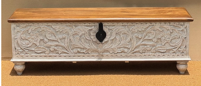 Original hand-carved whitewash storage trunk with natural wood lid
