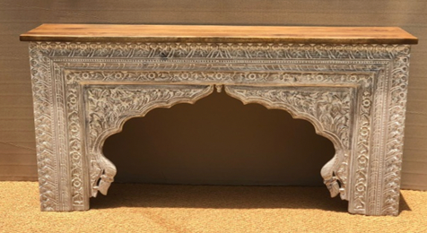 Original hand-carved whitewash Mughal arch console table