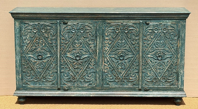 Original hand-carved teal diamond four-door sideboard