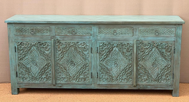Original hand-carved sage teal sideboard with 4 doors and 4 drawers