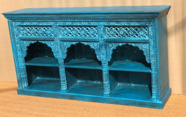 Original hand-carved cobalt blue triple Mughal arch media console