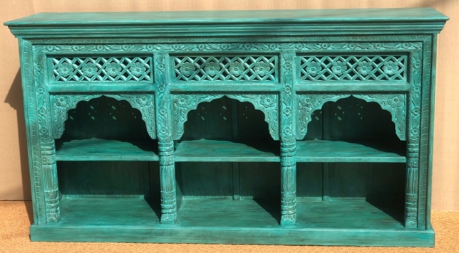 Original hand-carved turquoise triple Mughal arch media console