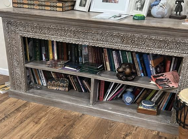 Original hand-carved grey whitewash open bookcase console