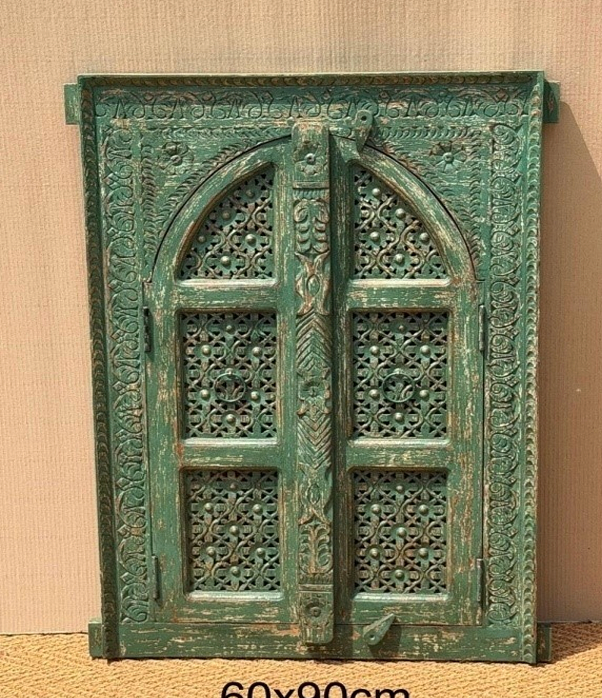 Original antique sage green jali wall panel with double Mughal arch doors