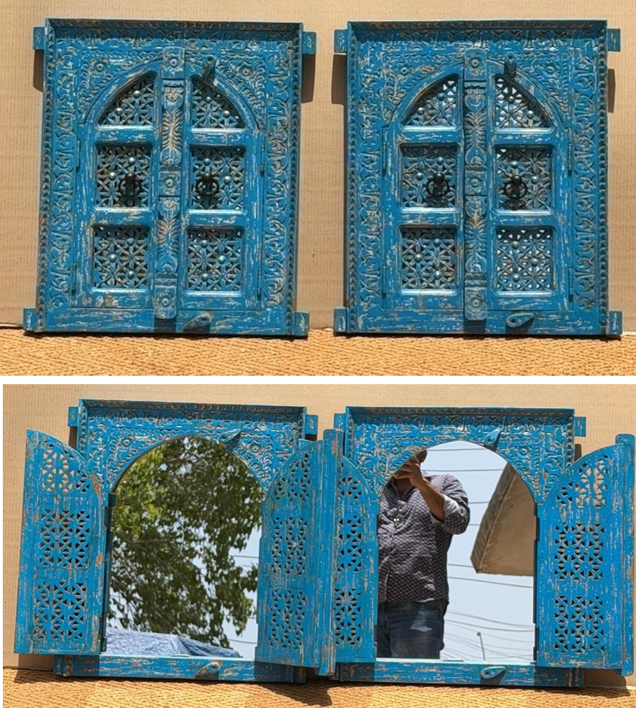 Original antique cobalt blue jali window mirror with hinged Mughal arch doors open and closed