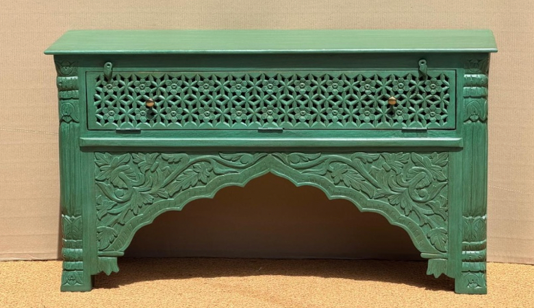 Hand-carved sage green Mughal arch console table with jali drawer and carved bird and floral apron