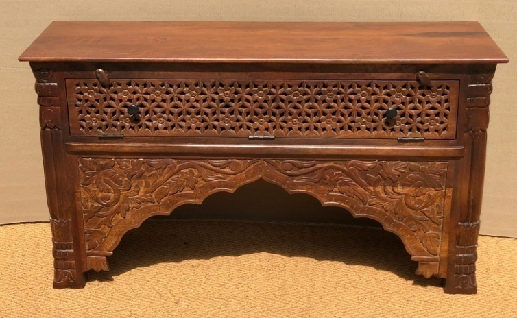 Hand-carved natural mango wood Mughal arch console table with jali drawer and carved bird and floral apron