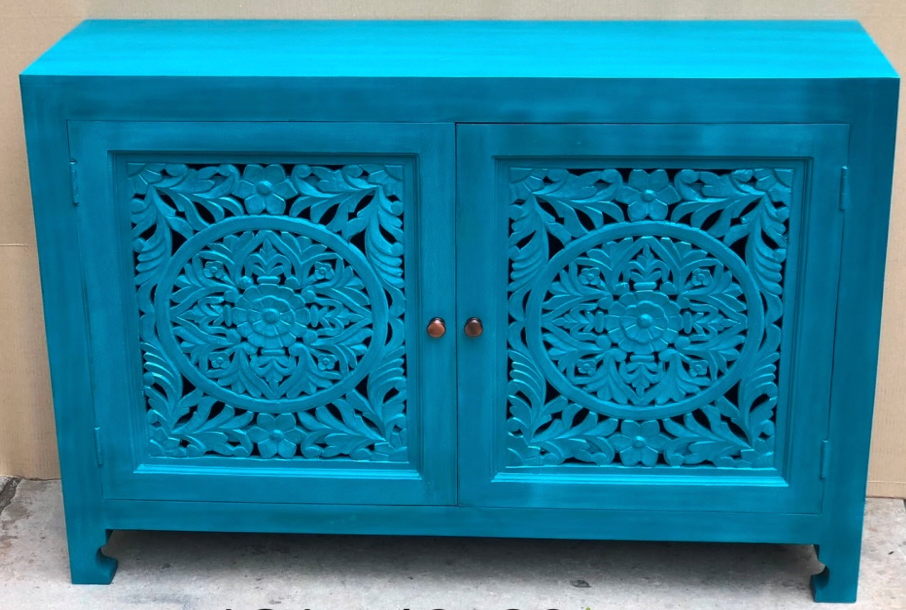 Hand-carved turquoise teal blue floral mandala sideboard cabinet with two open jali carved doors