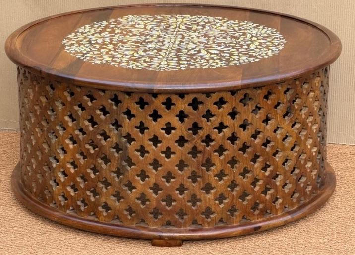 Round mango wood bone inlay drum coffee table with floral medallion top and Moroccan quatrefoil lattice base