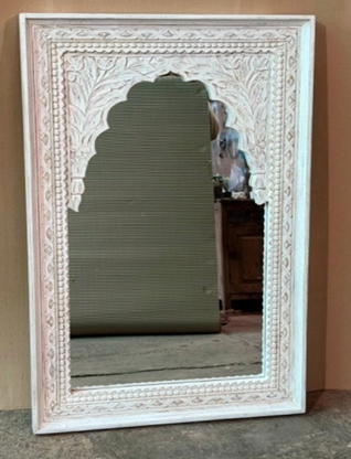 Hand-carved antique white Mughal Jharokha arch wall mirror with beaded rope frame