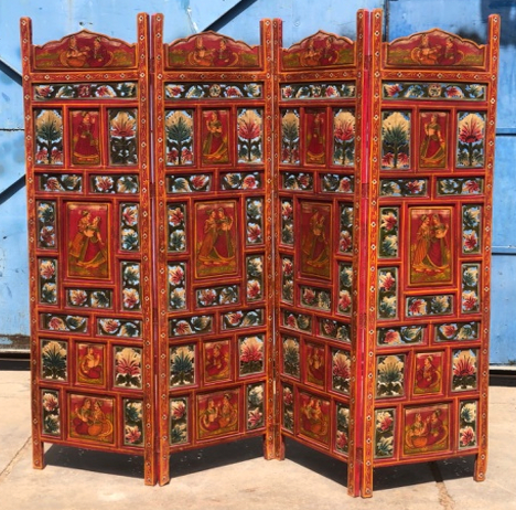 Hand-painted Rajasthani four-panel room divider screen with Bani Thani figurative scenes on deep red ground