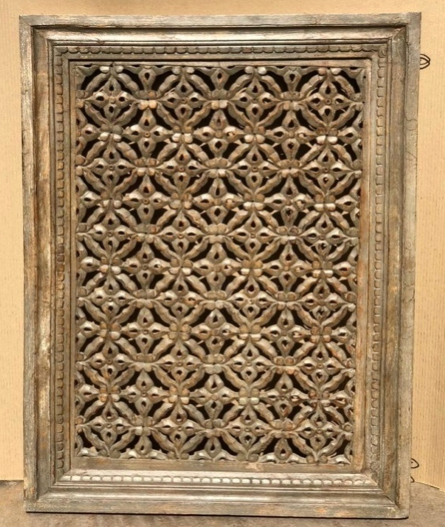 Original antique grey-silver framed jali wall panel with floral teardrop open lattice