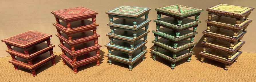 Hand-painted Bajot Chowki low tables in four colours – Red, Teal, Green and Gold