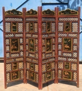 Hand-carved jali and Mughal gold four-panel room divider screen with open lattice and dark lacquer painted panels