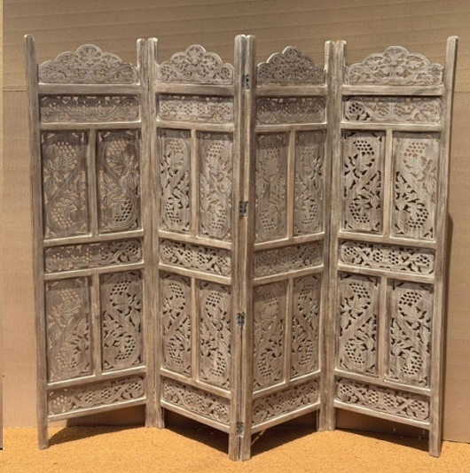 Hand-carved whitewash floral vine four-panel room divider screen with open jali cutwork and scalloped crests