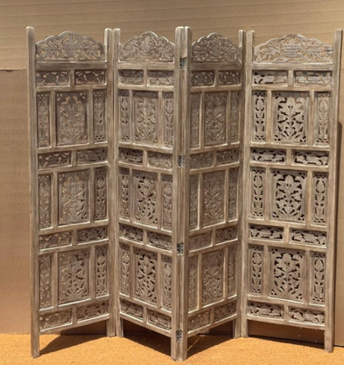 Hand-carved whitewash architectural grid four-panel room divider with alternating solid carved and open jali sections