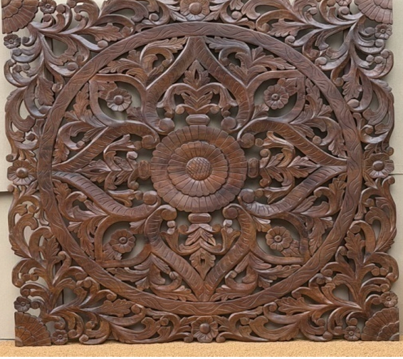 Hand-carved dark walnut mango wood square wall panel with central floral mandala medallion and open scrolling acanthus vine cutwork