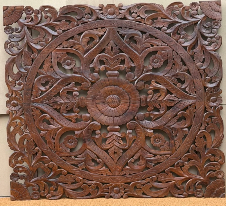 Large hand-carved dark walnut mango wood square wall panel with central floral mandala medallion and open airy scrolling acanthus vine cutwork