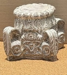 Hand-carved antique white grey distressed mango wood square pedestal stool with scrolling acanthus vine and floral relief on all sides