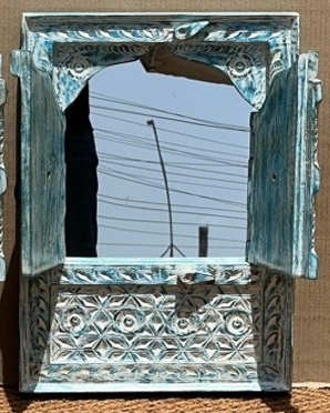 Hand-carved blue-grey teal Moroccan Jharokha window mirror open revealing mirror glass within