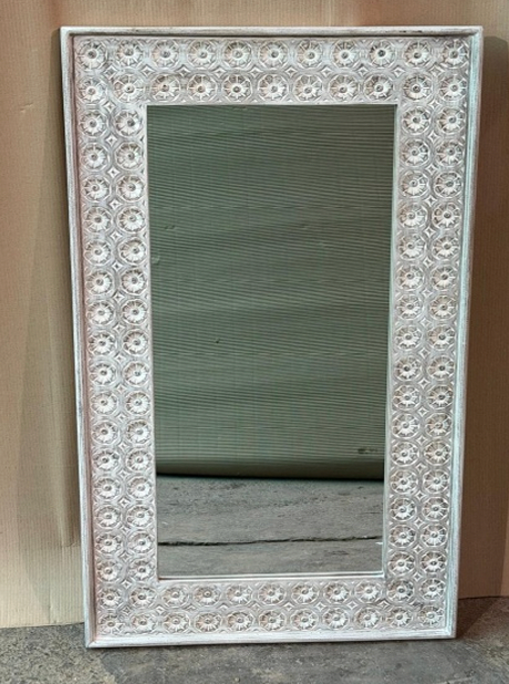 Hand-carved antique white mango wood portrait wall mirror with dense all-over rosette octagon tile carved frame