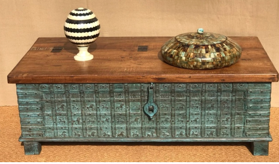 Rajasthani metal-clad blanket box chest with teal-green embossed narrative panel cladding and dark walnut mango wood lid