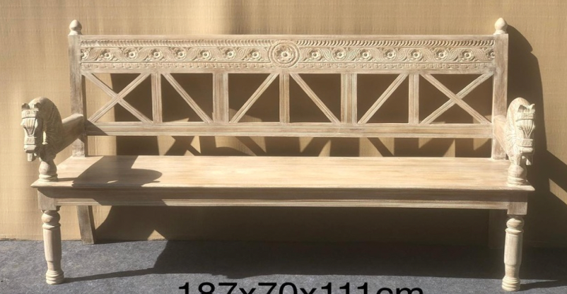 Hand-carved antique white Rajasthani Empire bench with rearing horse head arm terminals, X-cross lattice back and rosette frieze rail