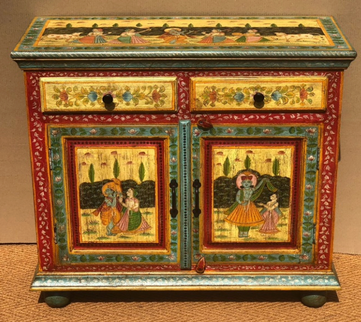 Hand-painted Mughal miniature mango wood cabinet with court procession top, gold-ground garden scene doors and crimson vine surround