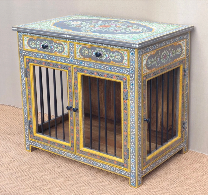 Hand-painted Rajasthani mango wood dog kennel and side table with dense navy floral all-over, yellow borders, peacock medallion top, iron bar doors and black knob hardware