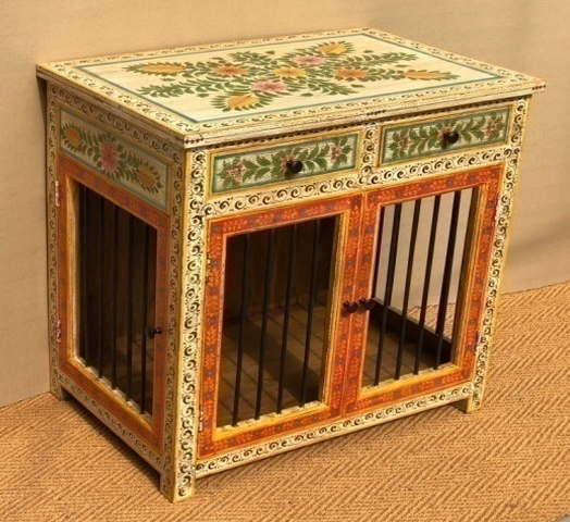 Hand-painted Rajasthani mango wood dog kennel and side table with ivory scrolling vine frame, warm coral-red panel borders and lush full-width peony floral bouquet painted top