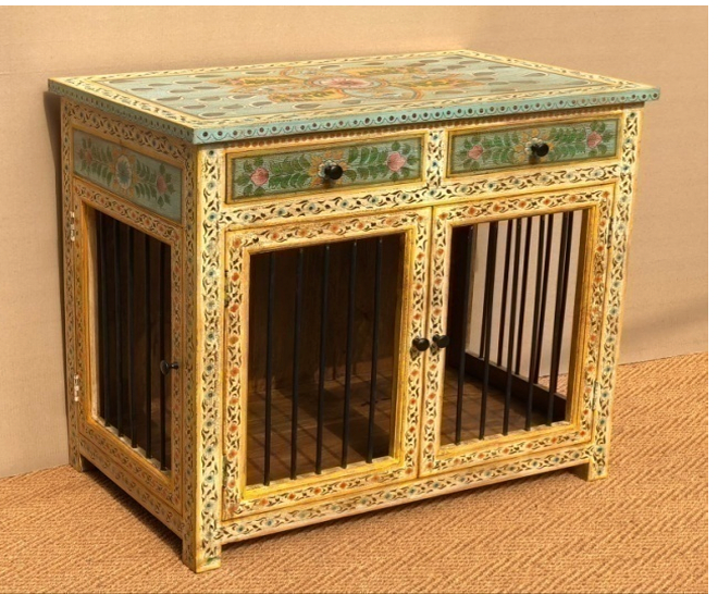 Hand-painted Rajasthani mango wood dog kennel and side table with dense butter-yellow all-over tiny floral frame, celadon sage-green painted top with bird and floral scene, two painted drawers and iron bar front and side panels