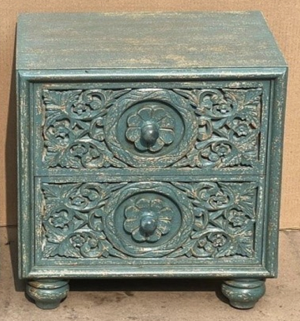 Hand-carved antique teal-green mango wood two-drawer bedside chest with scrolling acanthus vine lattice fronts and rosette medallion pulls
