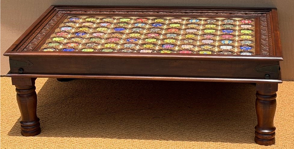 Rajasthani jharokha coffee table with multicolour hand-painted ceramic enamel roundel jali top in dark iron lattice, glass surface and carved dark walnut mango wood frame