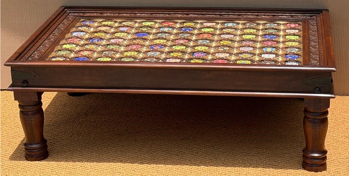 Rajasthani jharokha coffee table with multicolour hand-painted ceramic enamel roundel jali top in dark iron lattice, glass surface and carved dark walnut mango wood frame