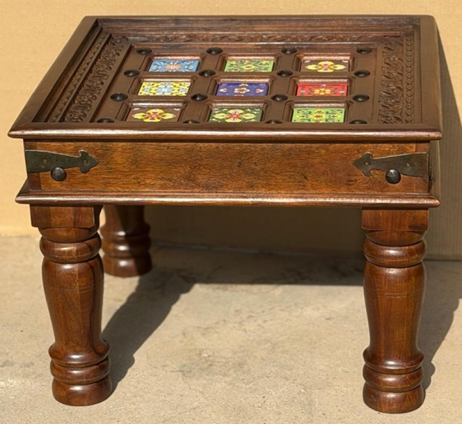 Rajasthani Blue Pottery tile-top side table with 12 hand-painted tiles in dark wood lattice, carved walnut frame and iron butterfly hinge hardware