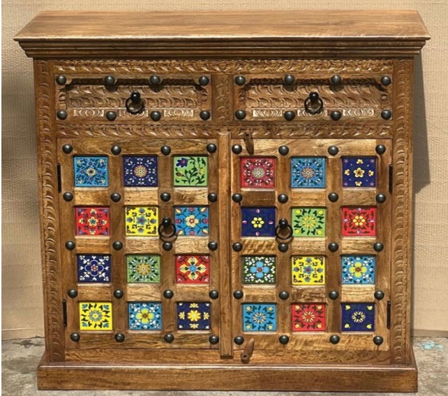 Rajasthani Blue Pottery tile sideboard with all-over hand-carved acanthus mango wood, 24 multicolour hand-painted tiles and iron dome nail stud hardware
